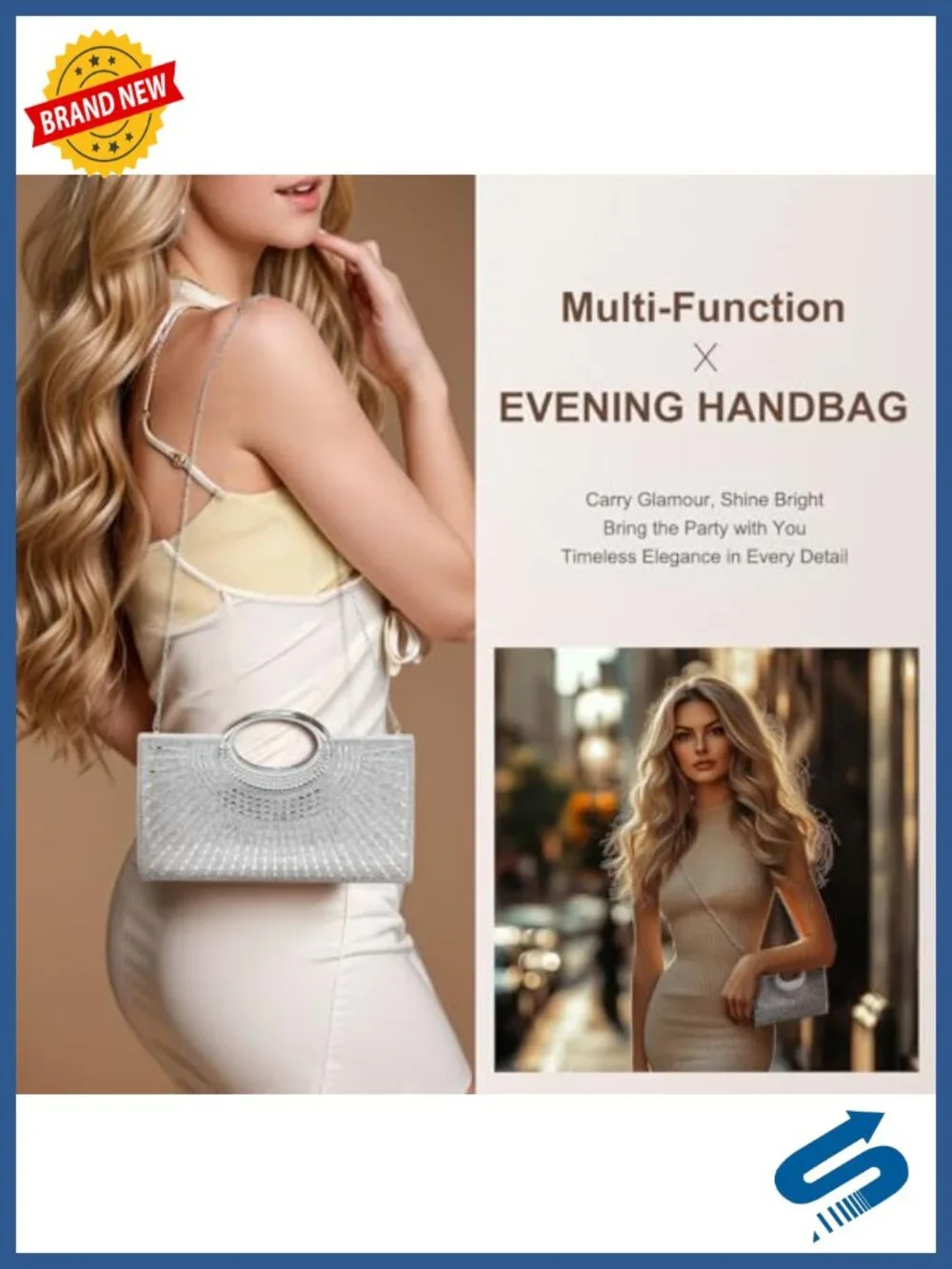 Sparkly Rhinestone Evening Clutch Purse with Chain - Formal Wedding Party Bag
